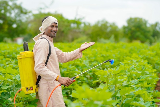 Indian farmer spraying pesticide at cotton field.