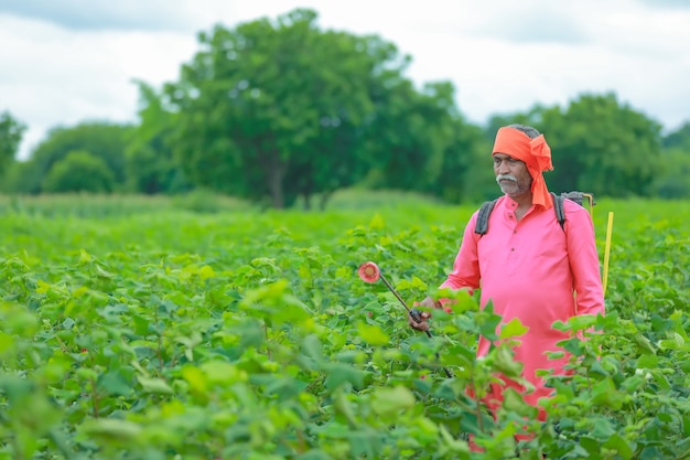 Indian farmer spraying pesticide at cotton field