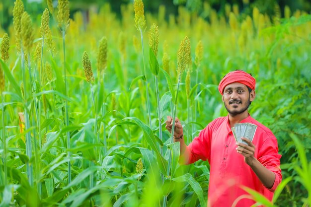 Indian farmer standing in a sorghum field