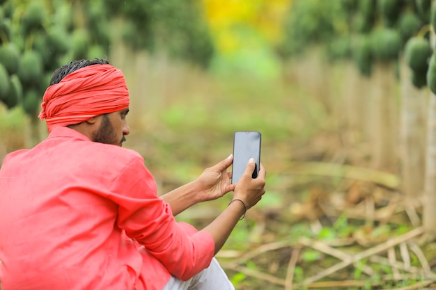 Indian farmer in a traditional costume on the papaya field