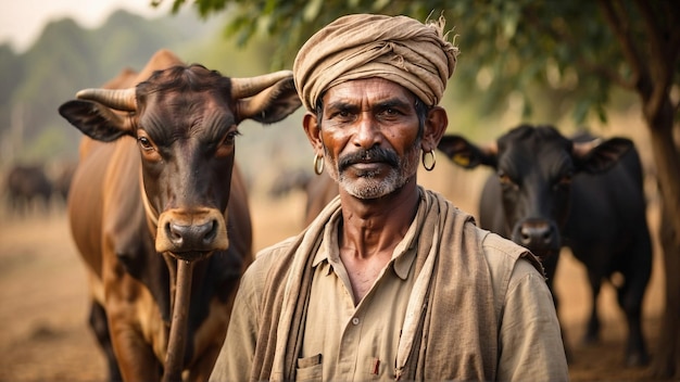 Indian farmer with bulls