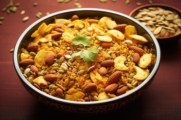 Indian Farsan or nimko or chivda with dry fruits served in a bowl