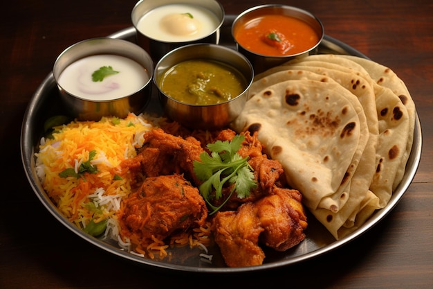 Indian feast Chicken thali with fried chicken egg curry lentils biryani roti and select onions