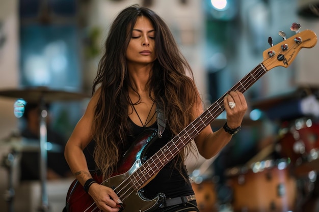 Photo indian female bass player playing bass guitar on stage with eyes closed