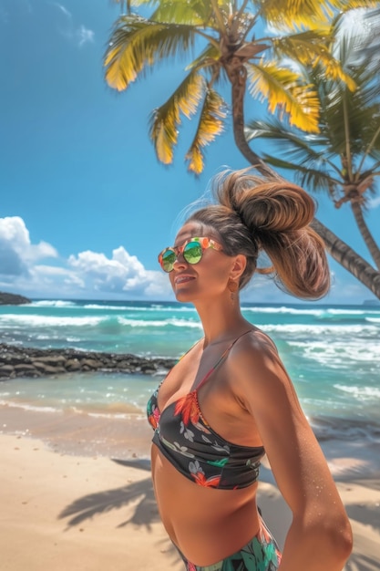 Индийская женщина в пляжной одежде наслаждается солнцем