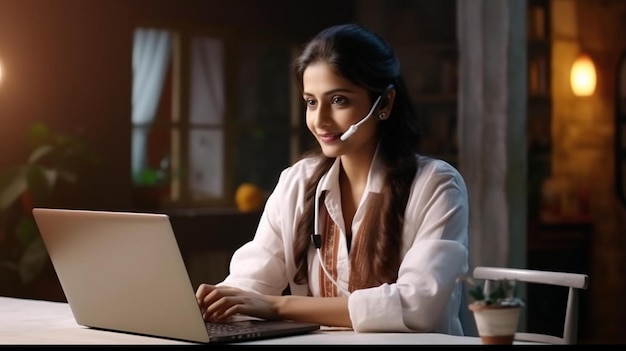 인도 여성 의사는 환자와 대화하여 온라인 웹캠 비디오 통화를 통해 텔레메디신을 수행합니다.