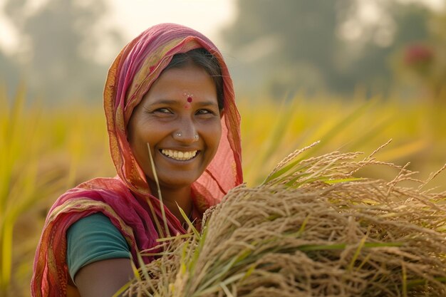 Indian female farmer working in her field bokeh style background