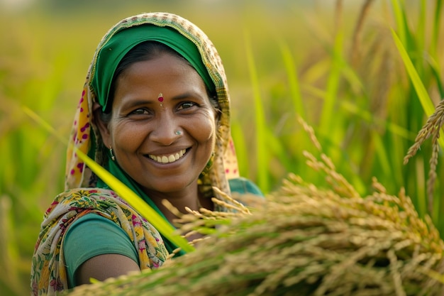 Indian female farmer working in her field bokeh style background