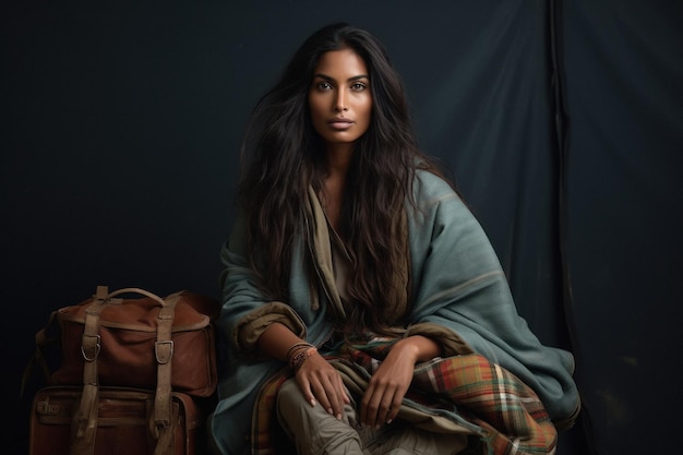 Indian female traveler sitting on bag