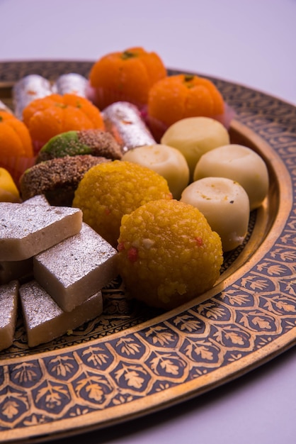 indian festival assorted sweet food or mithai on white background