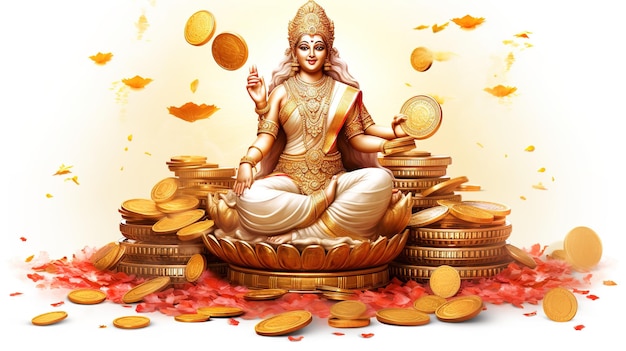 Indian festival Dhanteras and Diwali worship background with Goddess Lakshmi Laxmi golden coins stockillustration