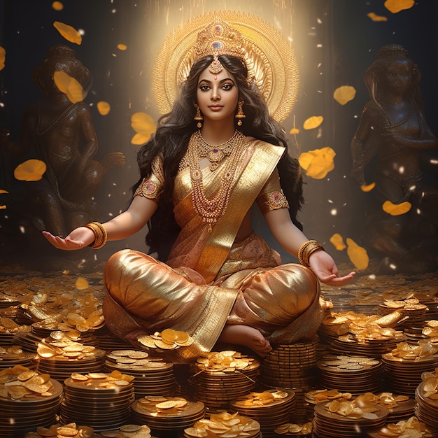 Indian festival Dhanteras and Diwali worship background with Goddess Lakshmi Laxmi golden coins stockillustration