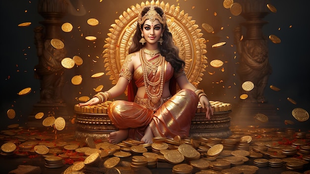 Indian festival Dhanteras and Diwali worship background with Goddess Lakshmi Laxmi golden coins stockillustration