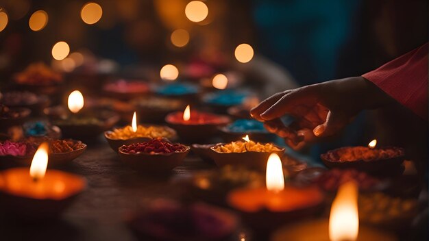 Photo indian festival diwali diwali oil lamps lit on colorful rangoli hindu traditional selective focus