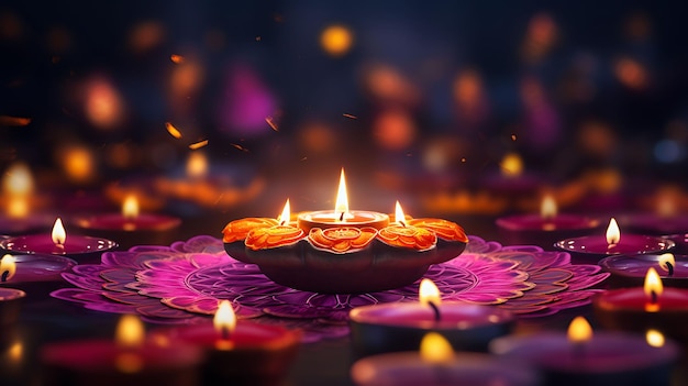 Indian festival diwali diya oil lamps lit on colorful rangoli hindu traditional happy deepavali