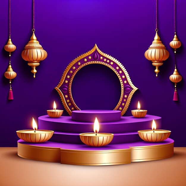 インド・ディワリ 紫の背景と3Dポディウム