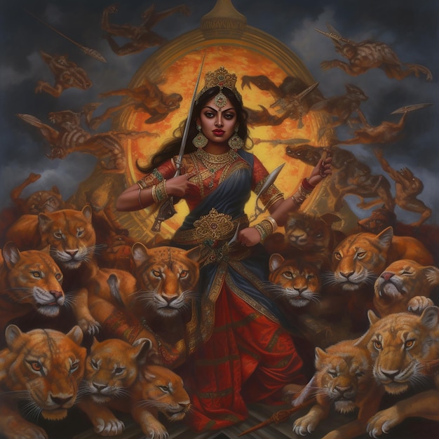 Indian festival goddess Durga faces holiday celebration card background