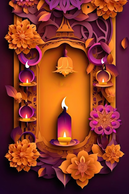 Indian festival Happy Diwali holiday design of Indian Rangoli and hanging diya oil lamp