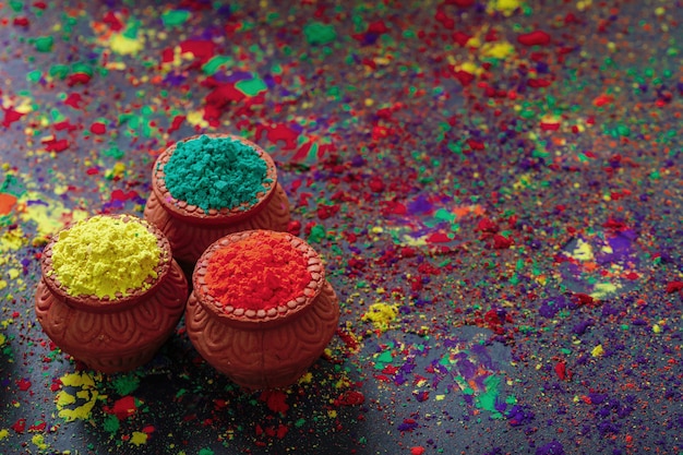 Indian Festival Holi, colors in wooden bowl