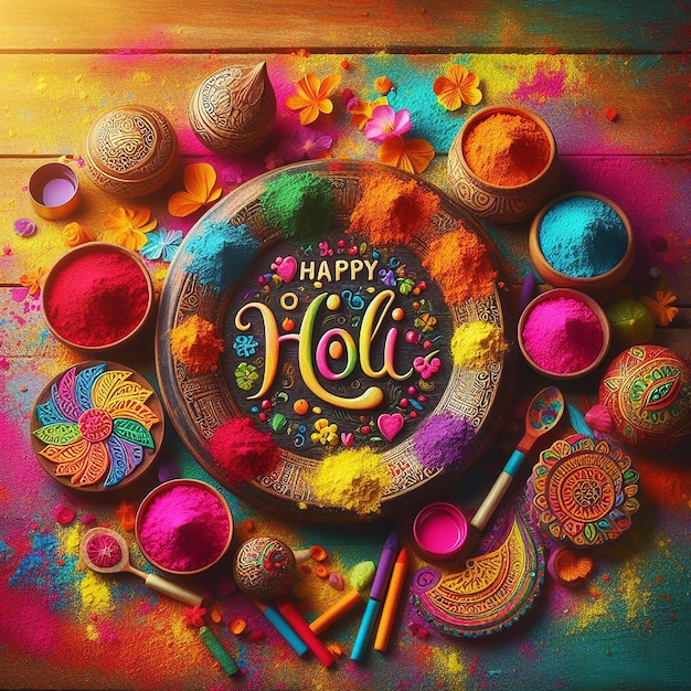 Photo indian festival holi concept multi colors bowl with colorful background and writing happy holi