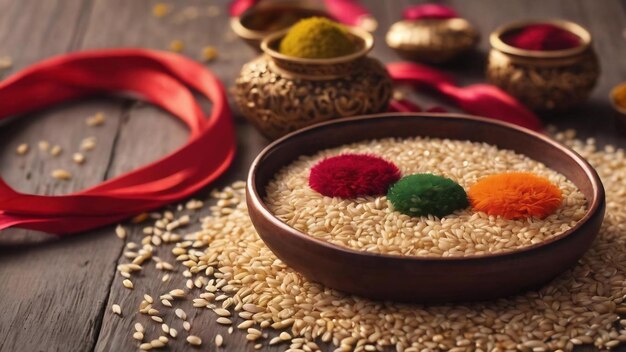 Indian festival raksha bandhan background with an elegant rakhi rice grains and kumkum