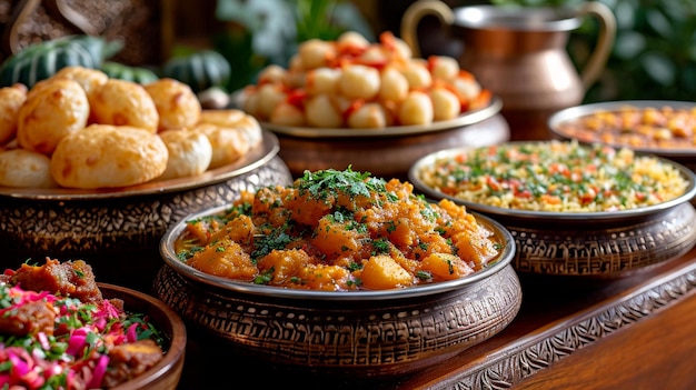 Indian festive food display with Poori Kheer and Sabzi