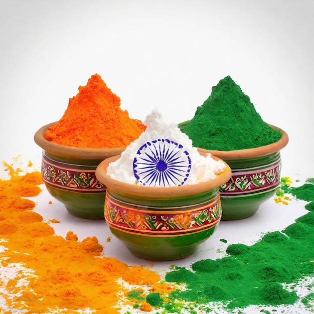 INDIAN FLAG COLURE POT podium HANDI COLURE POWDER ON POT HOLI COLURE RED ORANG COLURE WHITE