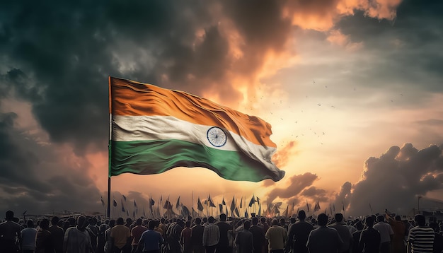 群衆の背景にインドの旗