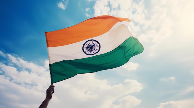 독립기념일 인도 생성 Ai를 위해 손에 들고 있는 인도 국기