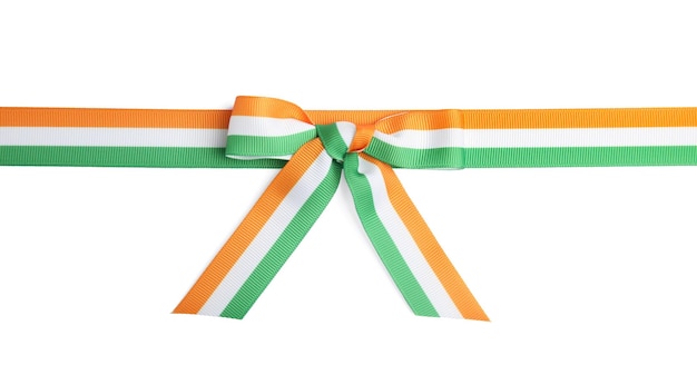 Photo indian flag ribbon with bow on white background top view