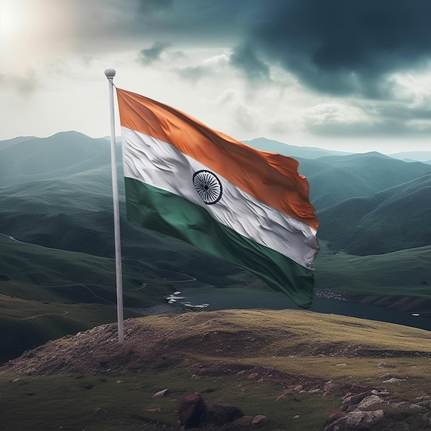 Indian flag waving on hill Generative ai