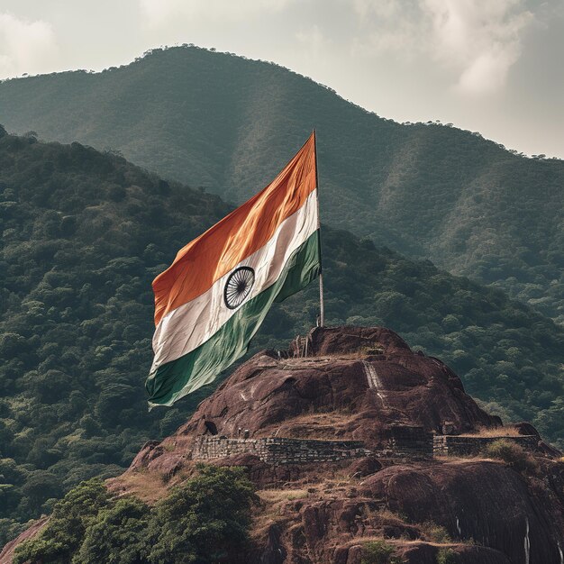 Indian flag waving on hill Generative ai