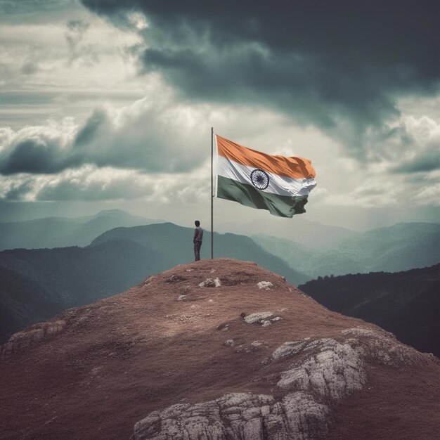 Indian flag waving on hill Generative ai