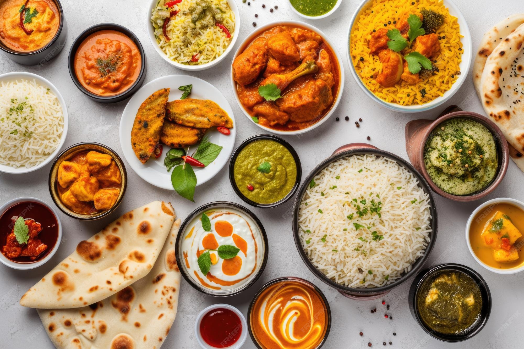 Premium AI Image | Indian food buffet curry samosa biryani dal paneer