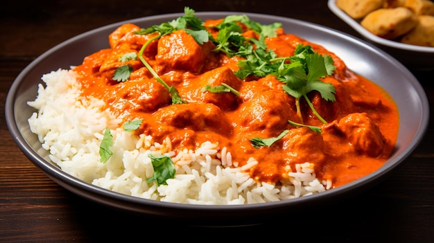 indian food chicken masala curry with rice and vegetables