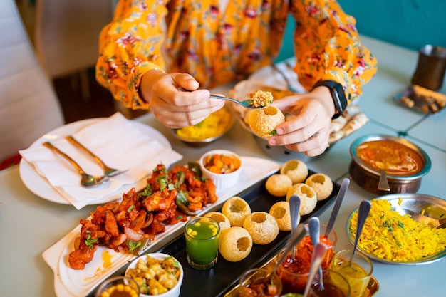 인도 음식 카레 버터 치킨 Palak Paneer Chiken Tikka Biryani 야채 카레 Papad Dal Palak Sabji Jira Alu Rice with Saffron on table