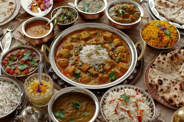 Photo indian food spread on table with curry samosa and biryani