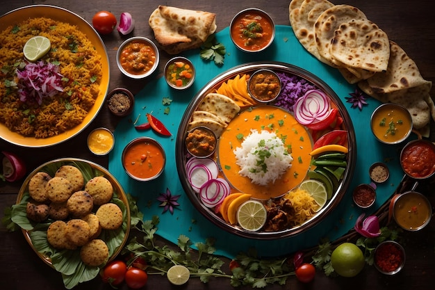 Indian food top view circular food frame photography