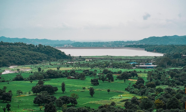 Indian Forest with lots of trees and green nature lake overview with dark clouds