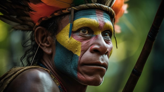 Indian from the tribe with feather headdress Indian looking to camera generative ai