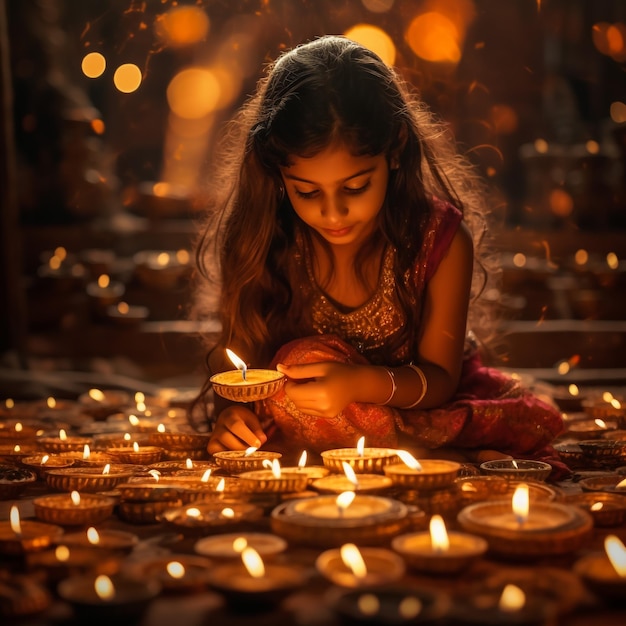 Indian Girl arranging Diyas during Diwali festival