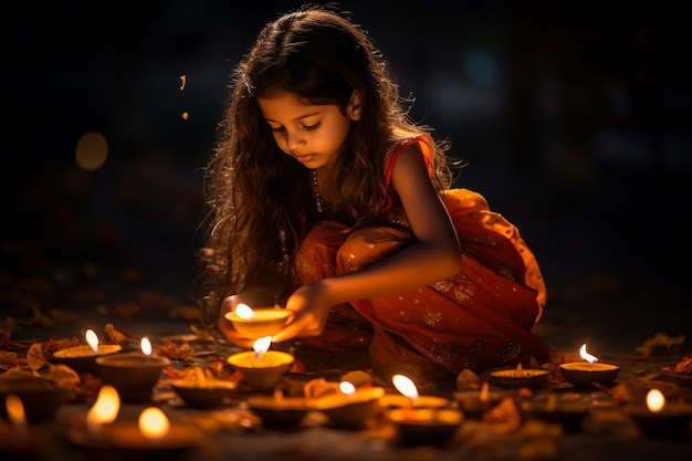 Индийская девушка устраивает дияс во время фестиваля Дивали