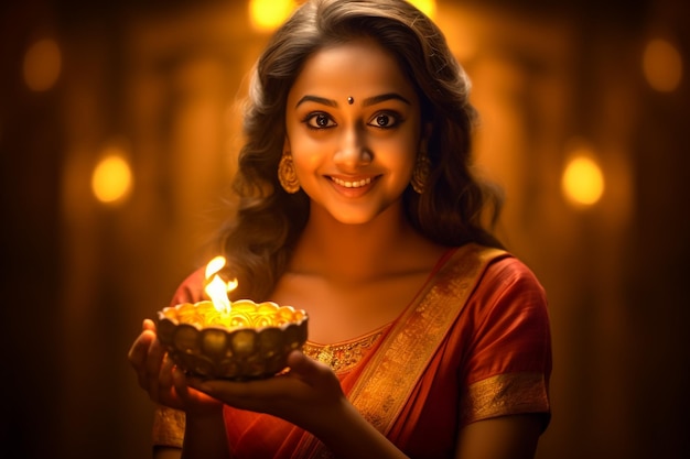 Indian Girl arranging Diyas during Diwali festival