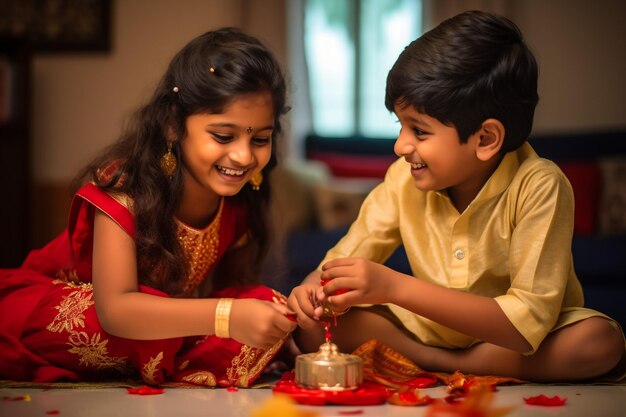 Indian Girl arranging Diyas during Diwali festival