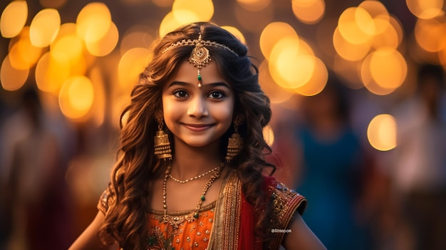 Indian Girl arranging Diyas during Diwali festival