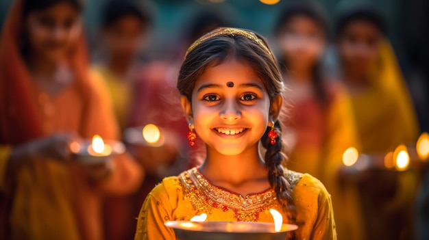 Indian Girl arranging Diyas during Diwali festival