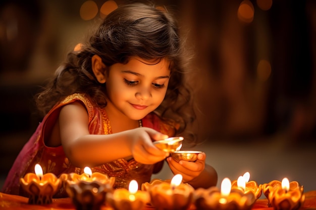 Indian Girl arranging Diyas during Diwali festival