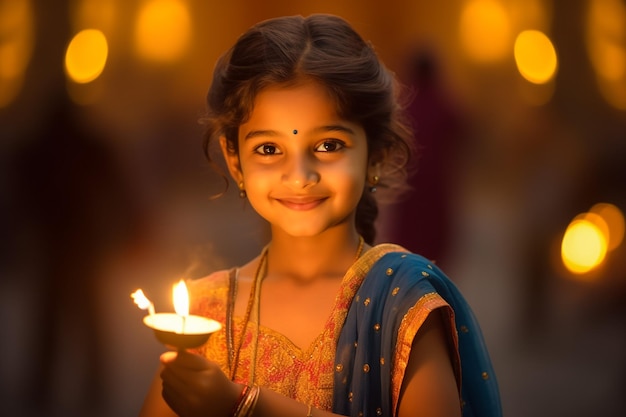 Indian Girl arranging Diyas during Diwali festival