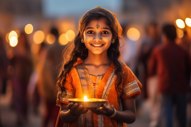 インドの女の子がディワリの祭りでディアをアレンジしている