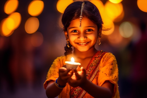 インドの女の子がディワリの祭りでディアをアレンジしている